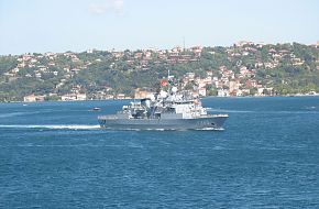 TCG F243 Turkish Navy Frigate passing Istanbul Straits