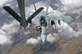 F-18 Hornet refuels from a KC-135 Stratotanker