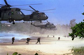 Royal Navy Sea King IV's land Royal Marines .Op Silkman, Sierra Leone.