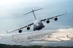 An air-to-air front view of a C-17 Globemaster III