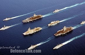 FS Charles De Gaulle leading HMS Ocean and 2 US CVNs