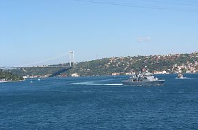TCG F243 Turkish Navy Frigate passing Istanbul Straits
