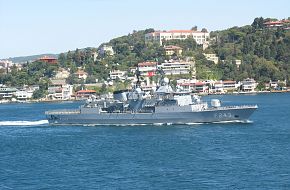 TCG F243 Turkish Navy Frigate passing Istanbul Straits