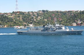 TCG F245 Orucreis, Turkish Navy Frigate passing Istanbul Straits