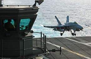 Aircraft lands on USS Kitty Hawk (CV 63) Aircraft Carrier - US Navy