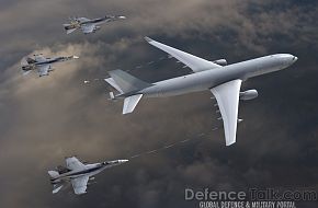 KC-30 refuels F-18 Fighter Aircraft