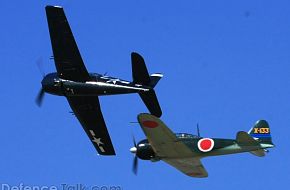 US Navy F6F Hellcat and Japanese Navy A6M Zero