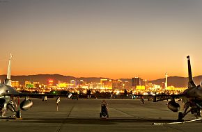 F-16 Fighting Falcons and Las Vegas skyline