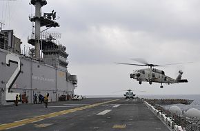 JMSDF SH-60K Sea Hawk helicopter Lands, LHD 2