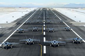 F-35A Lightning II aircraft sit on the flightline