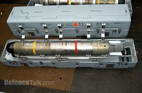 A Eurotorp MU-90 Torpedo as chosen for the RAN inside it's packagin contain