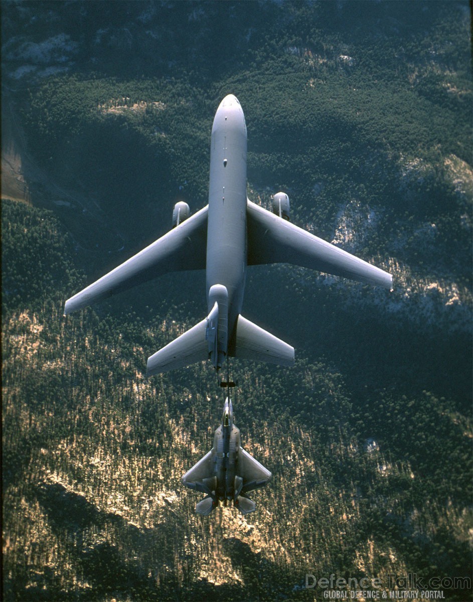 a KC-10 Extender (top) refuels a F-22 Raptor.