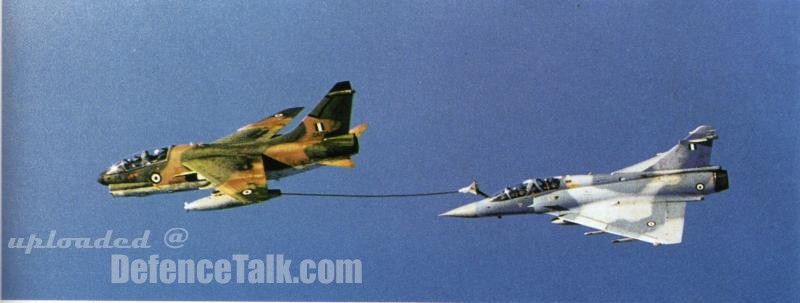 a Mirage2000 Refuling by an A-7E Corsair Hellenic Air Force