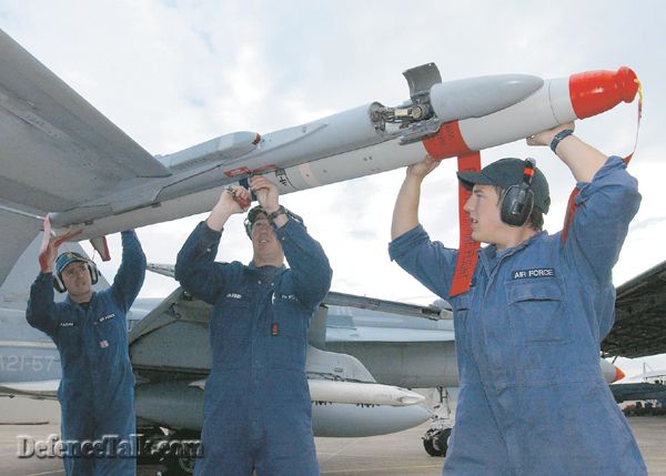 A new ASRAAM missile being fitted to a RAAF F/A-18 HUG