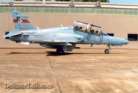 A RAAF Mk 127 Hawk lead in fighter fitted with 30mm gun pod