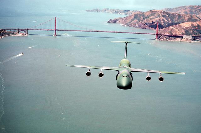 An air-to-air front view of a C-5A Galaxy