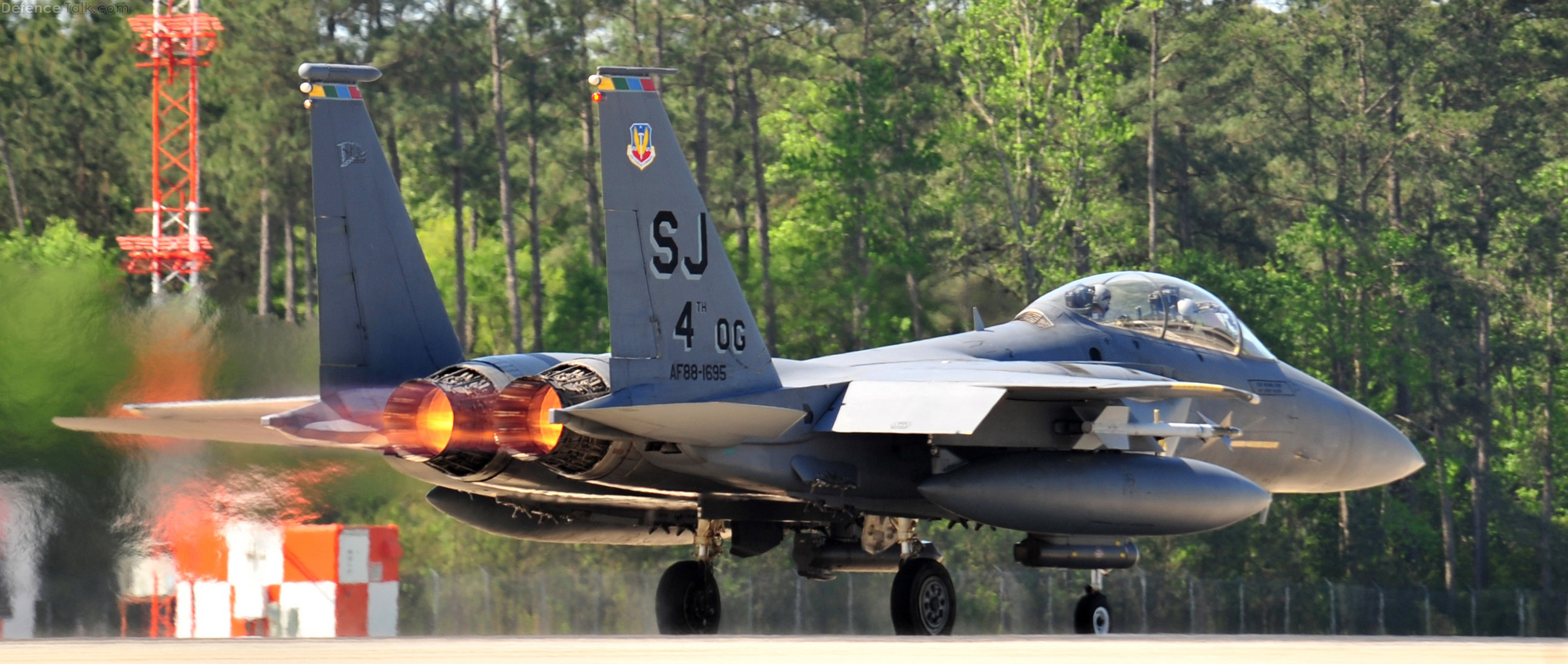 An F-15E Strike Eagle takes off during a Turkey Shoot training