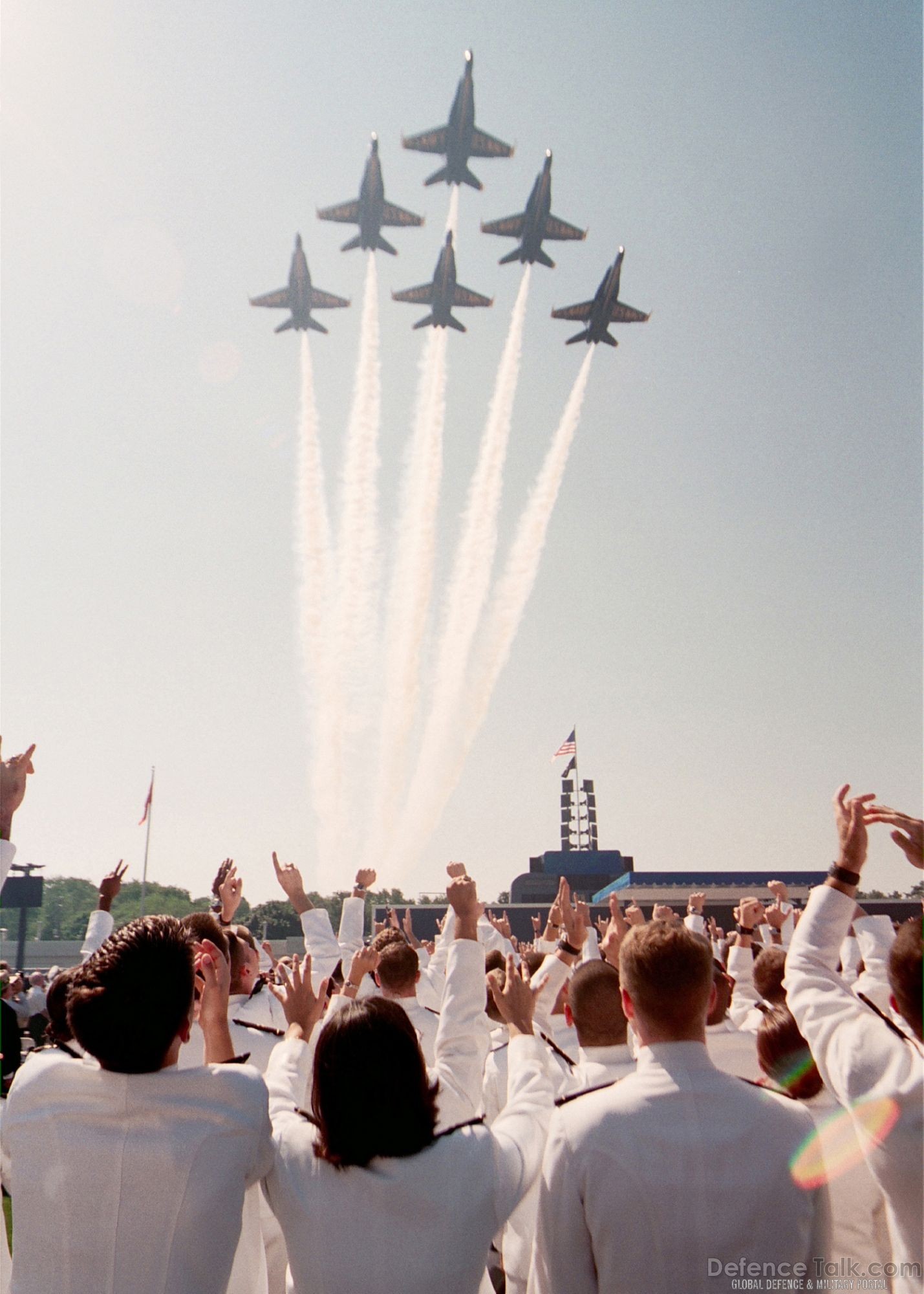 Blue Angels fly-by formation over the graduating ceremony