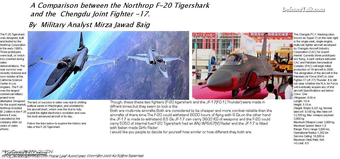 Comparison Between F-20 and JF-17.