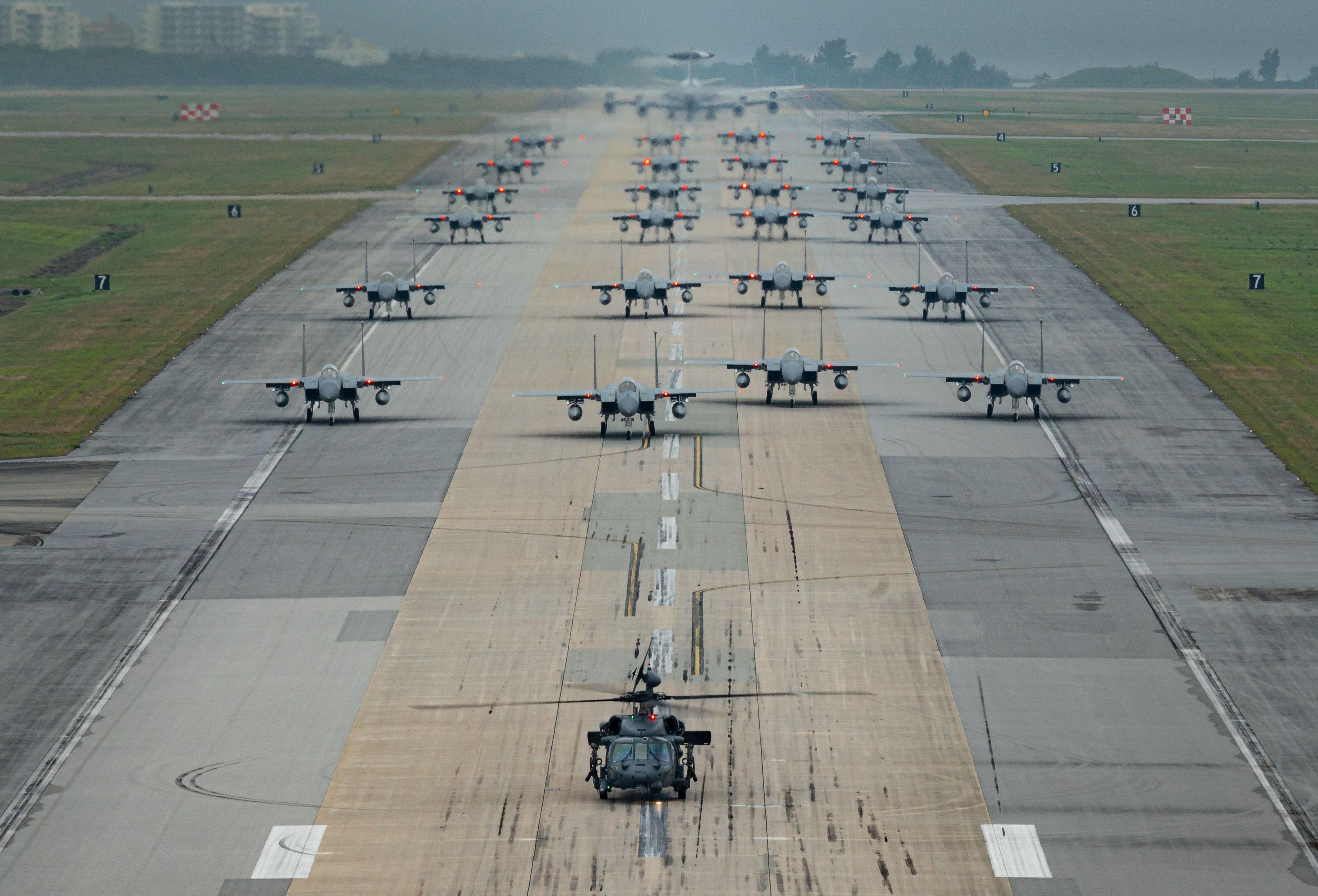 F-15C/D Eagle fighter jets Elephant walk at Kadena Air Base, Japan