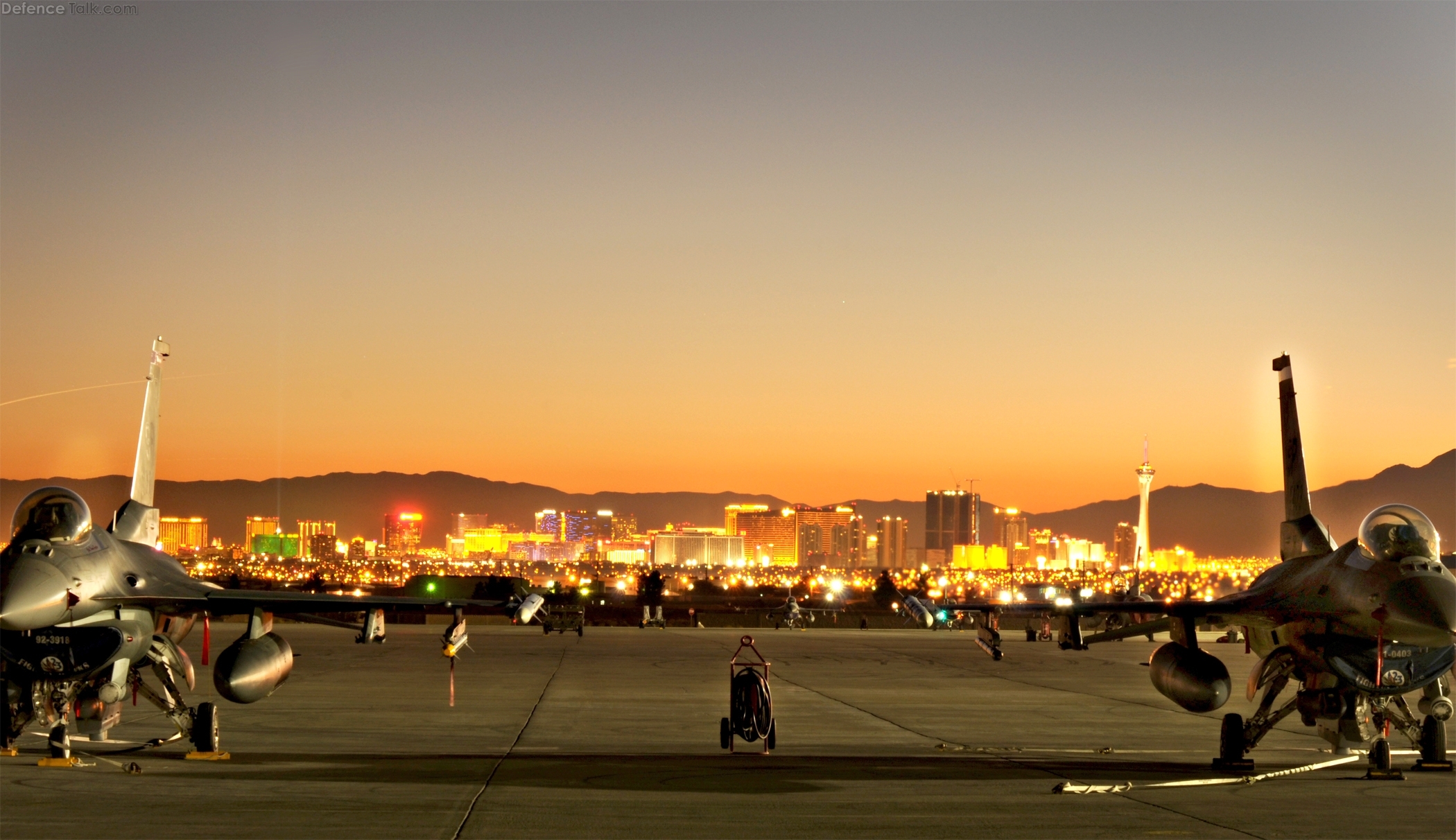 F-16 Fighting Falcons and Las Vegas skyline
