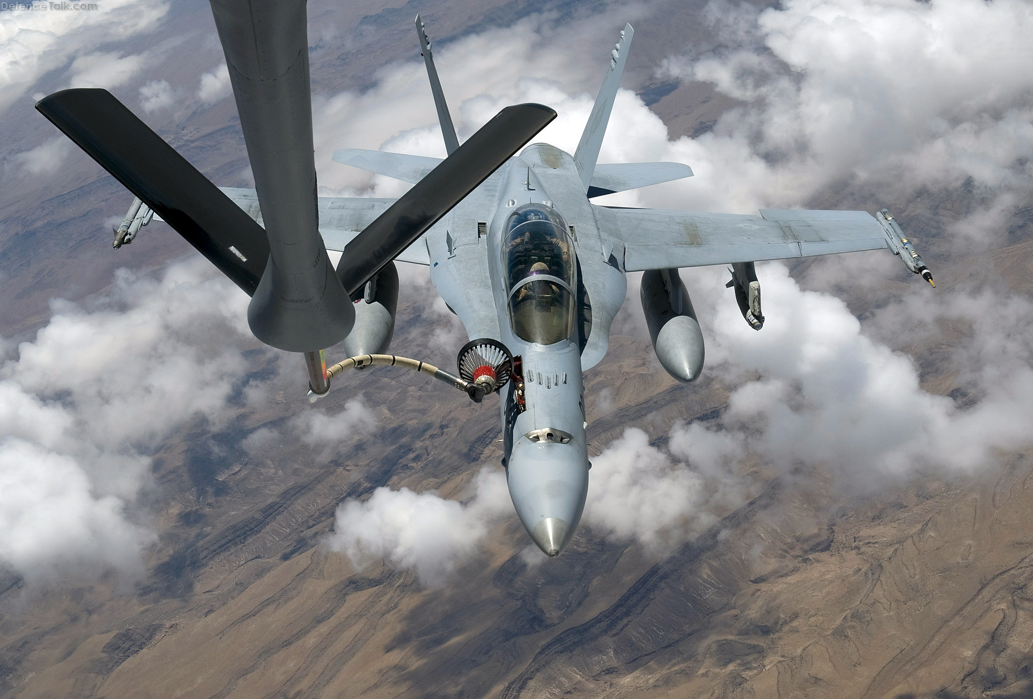 F-18 Hornet refuels from a KC-135 Stratotanker