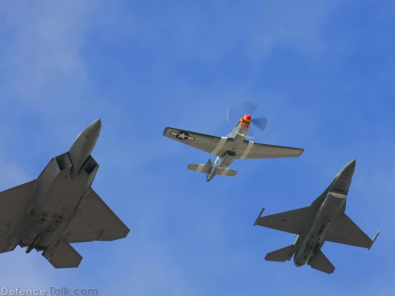 F-22 Raptor  F-16 Falcon  P-51 Mustang Heritage Flight