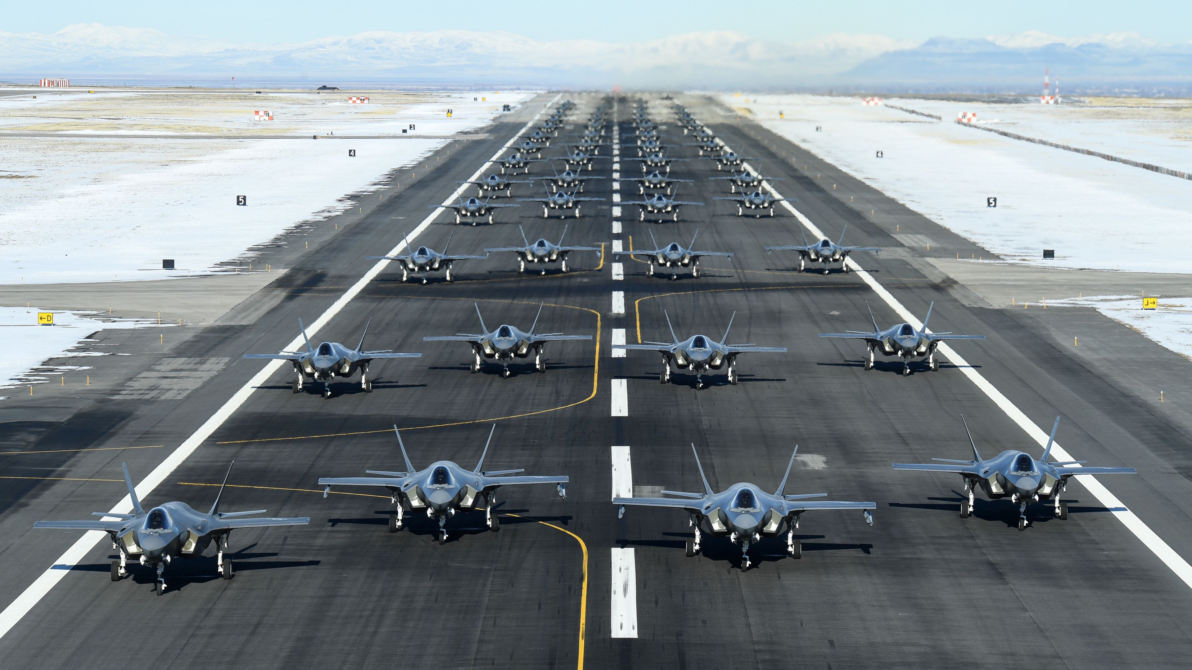 F-35A Lightning II aircraft sit on the flightline