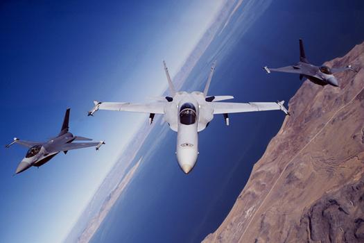 F/A-18 Hornet, Marines, and Two F-16s