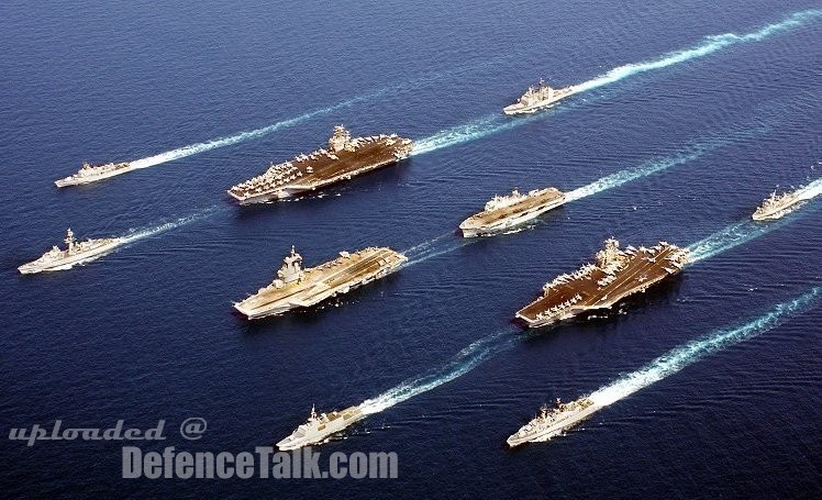 FS Charles De Gaulle leading HMS Ocean and 2 US CVNs
