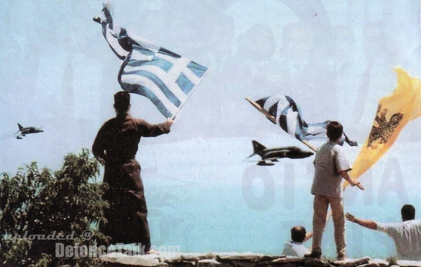Greek F-4E PhantomII in low flight while Greek Monk and palmers in Mount At