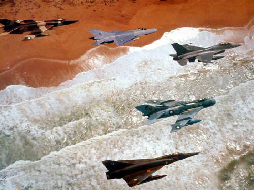PAF A-5, F-7P, F-16, F-6 and Mirage aircraft in formation