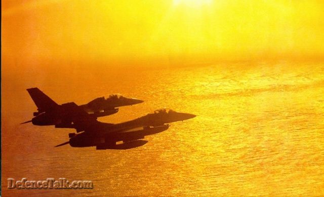 Pakistan Airforce F-16A/B over the Arabian Sea in a golden evening sun (PAF