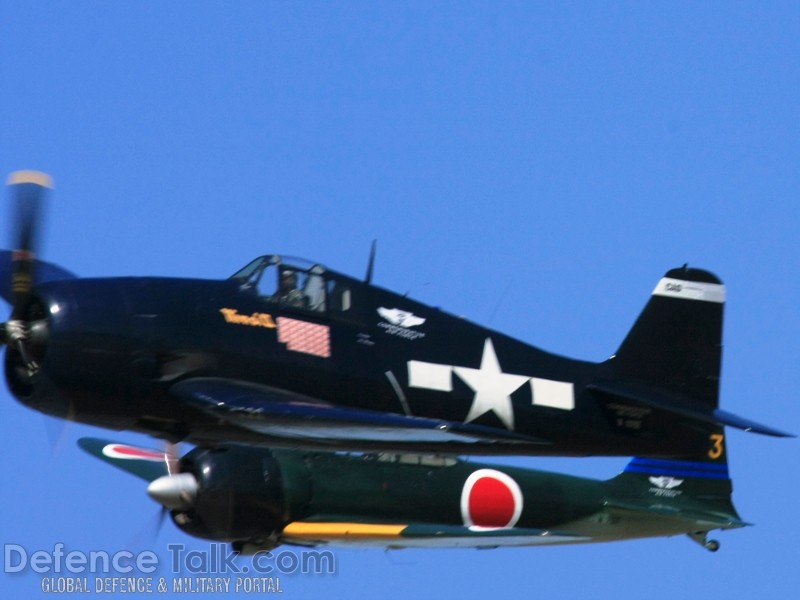 US Navy F6F Hellcat and Japanese Navy A6M Zero