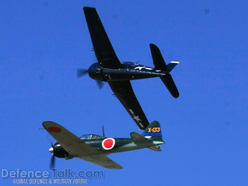 US Navy F6F Hellcat and Japanese Navy Mitsubishi A6M Zero