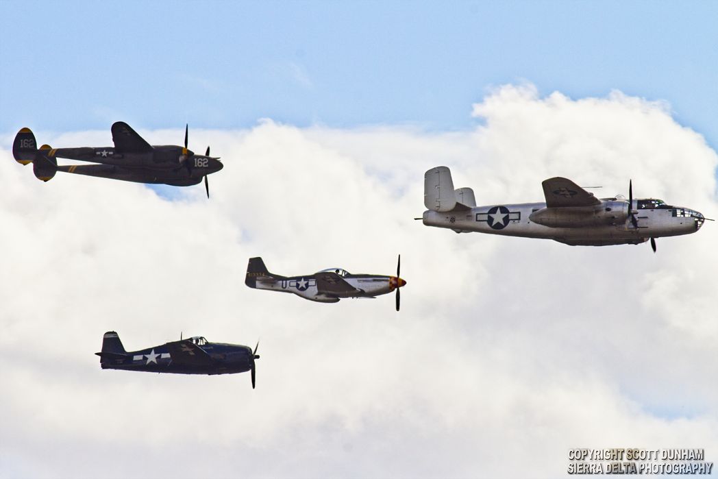 USAAC B-25 Mitchell P-38 Lightning P-51 Mustang Pursuit Aircraft and US Navy F6F Hellcat Fighter
