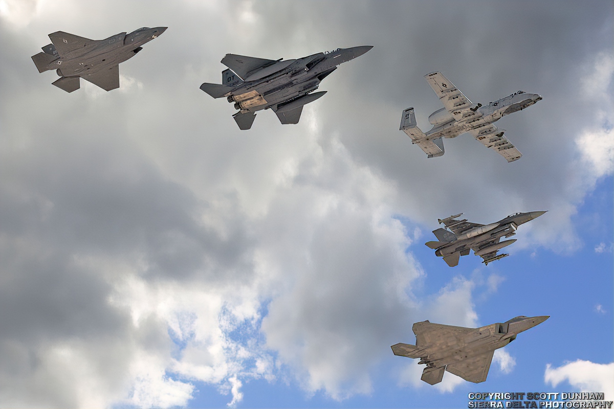 USAF F-35A Panther, F-15E Strike Eagle, A-10 Warthog, F-16 Viper & F-22A Raptor Fighter/Attack