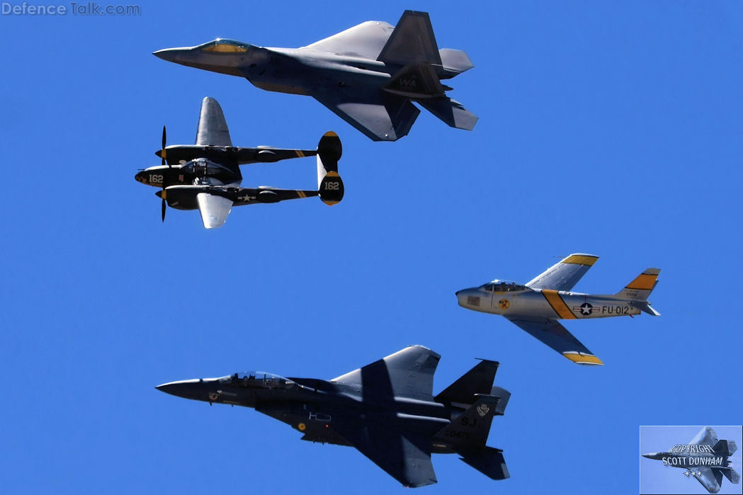 USAF Heritage Flight F-22 F-15 F-86 P-38