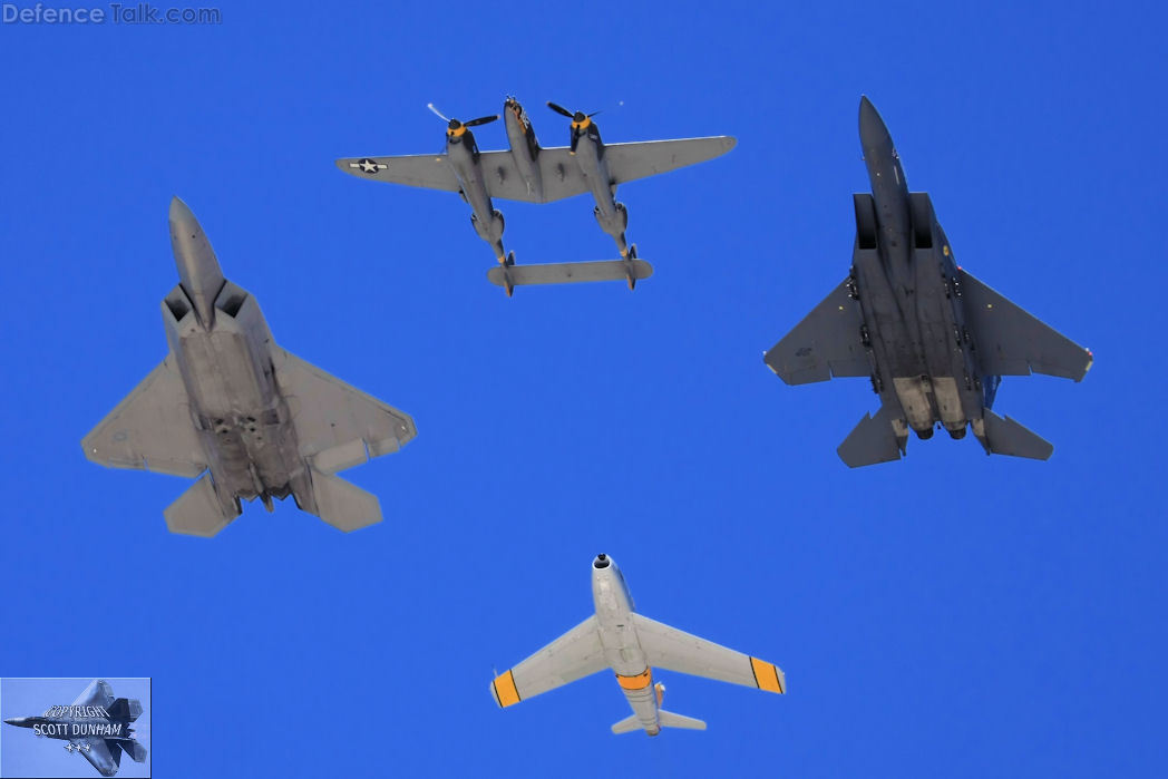 USAF Heritage Flight F-22 F-15 F-86 P-38