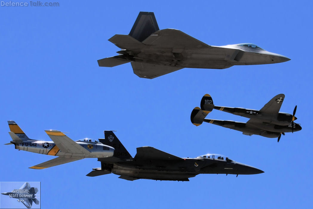 USAF Heritage Flight F-22 F-15 F-86 P-38