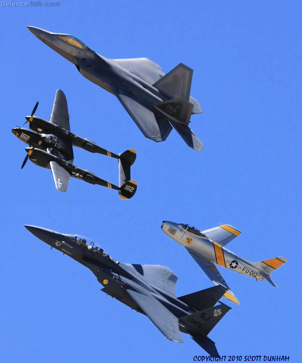 USAF Heritage Flight F-22 F-15 F-86 P-38