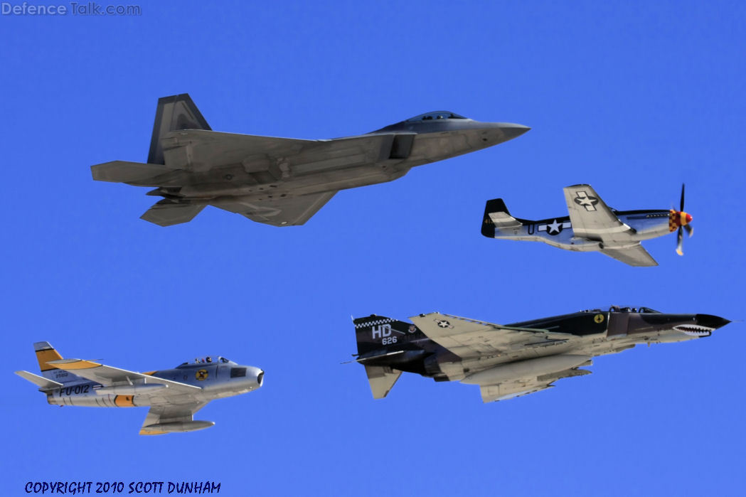 USAF Heritage Flight F-22A, P-51, F-4, F-86