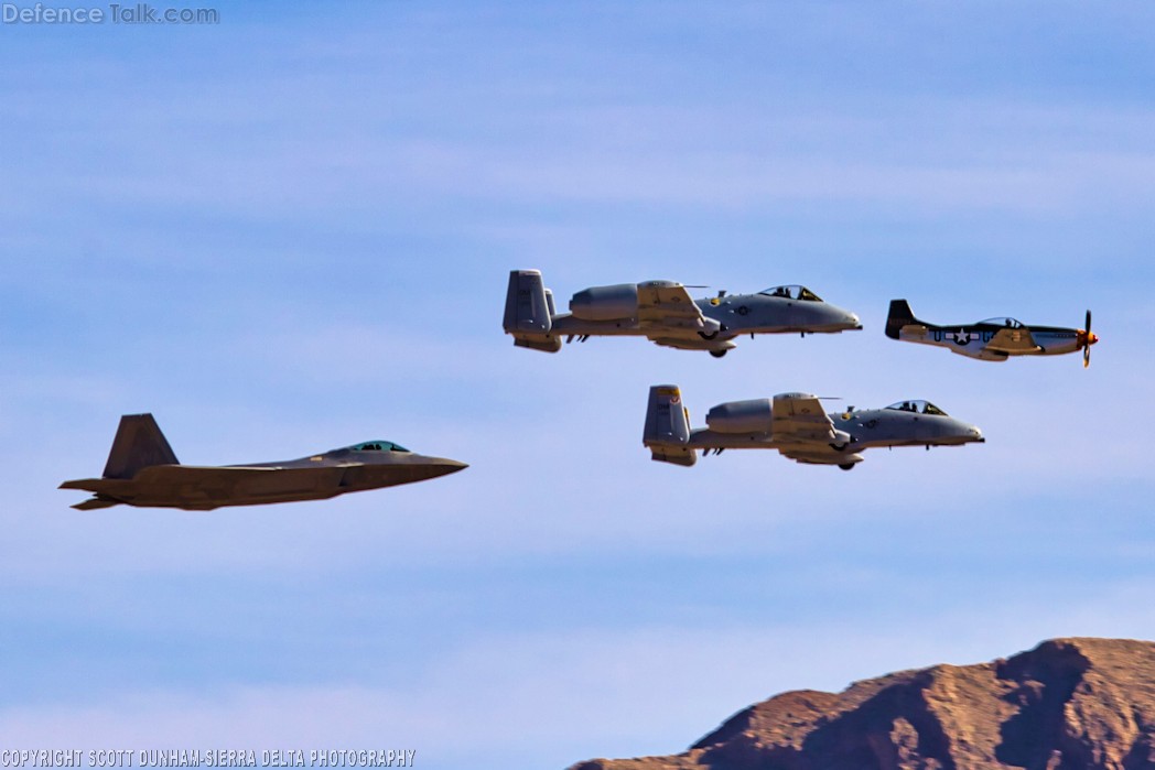 USAF Heritage Flight-F-22A Raptor, A-10 Thunderbolt II and P-51 Mustang
