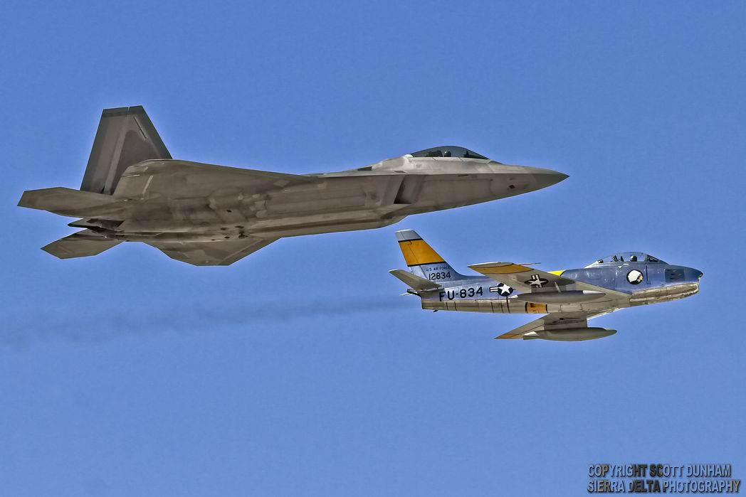 USAF Heritage Flight F-22A Raptor and F-86 Sabre Fighters