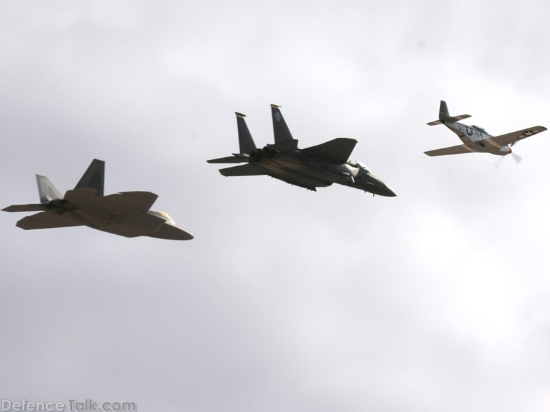 USAF Heritage Flight F-22A Raptor F-15E Strike Eagle P-51 Mustang Fighter