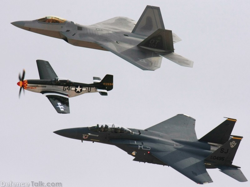 USAF Heritage Flight F-22A Raptor F-15E Strike Eagle  P-51 Mustang