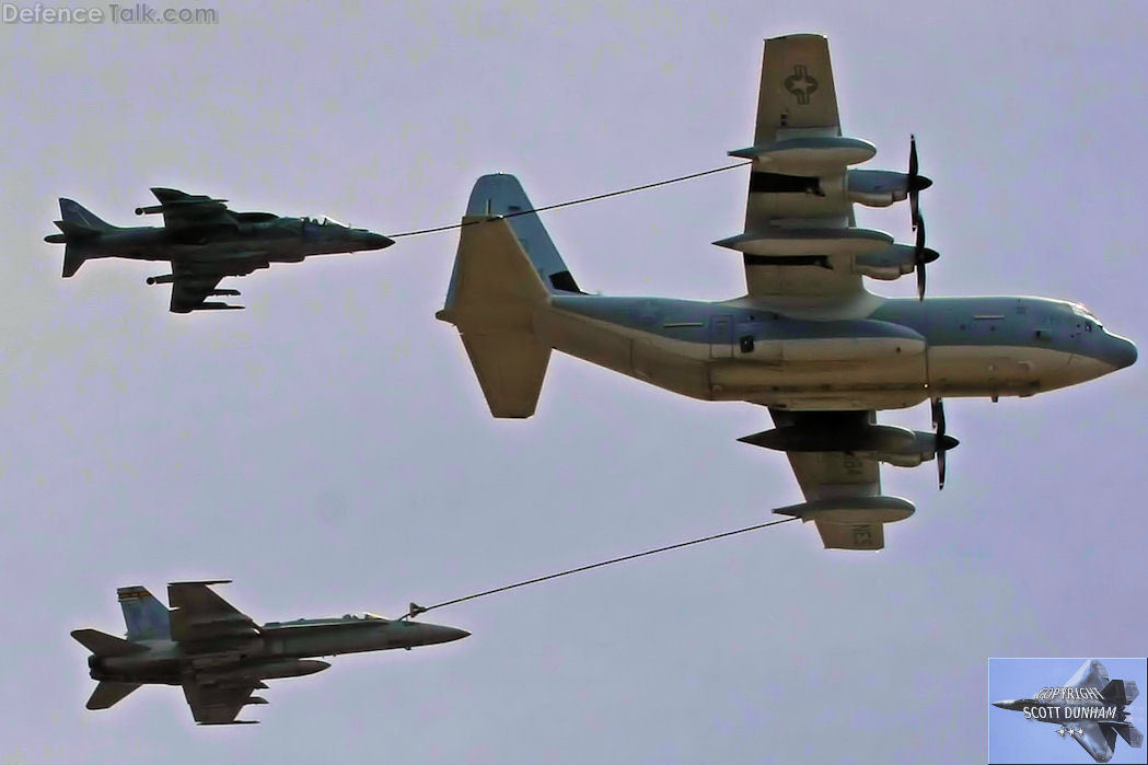 USMC KC-130 refueling AV-8B and F/A-18