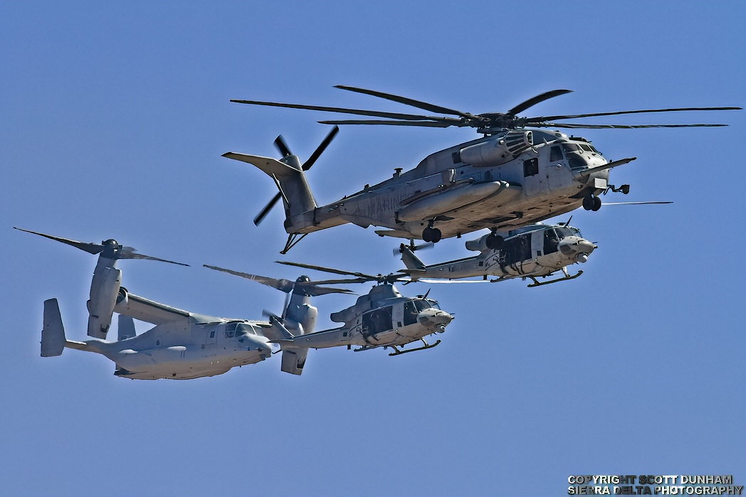 USMC MV-22 Osprey, CH-53E Super Stallion and UH-1Y Venom Aircraft