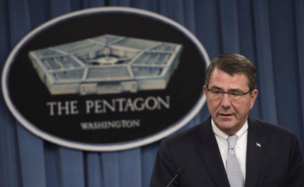 Ashton Carter briefs the press at the Pentagon