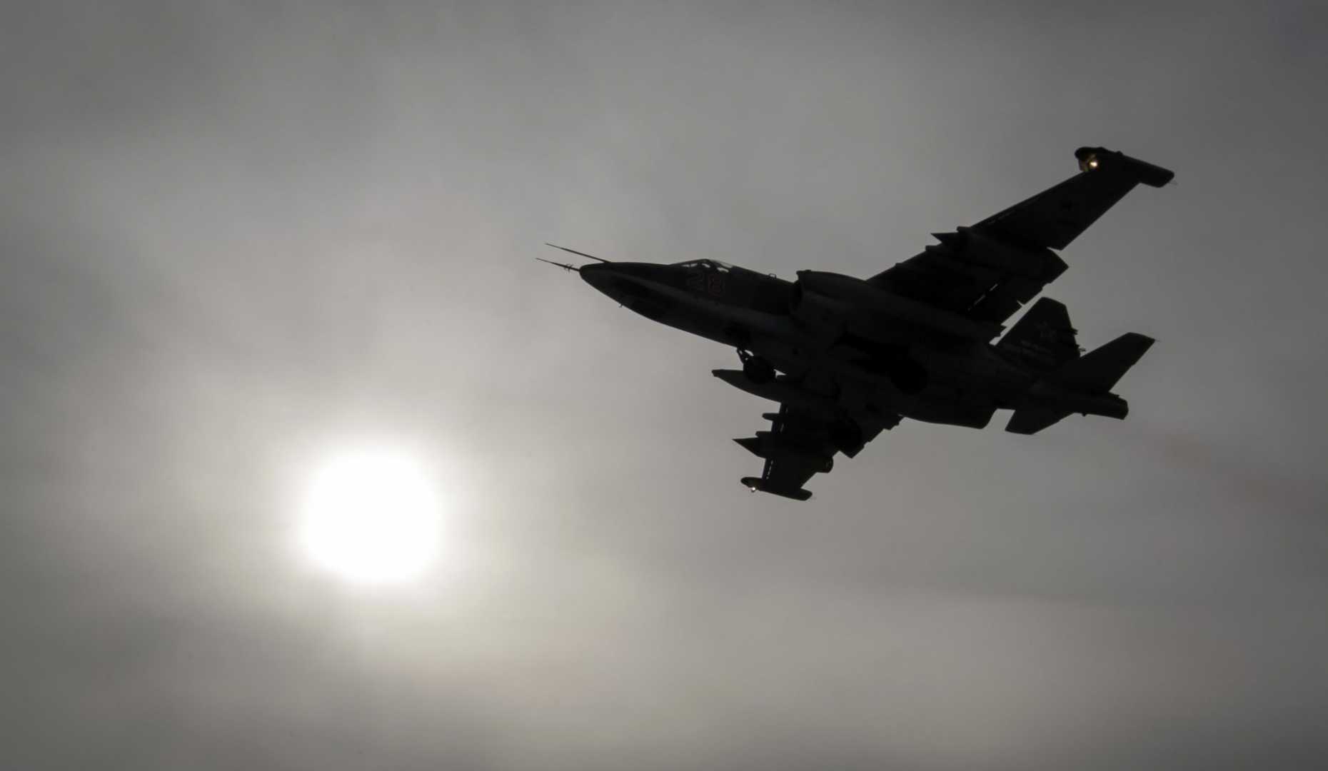 Sukhoi Su-25 jet fighter flies during a drill